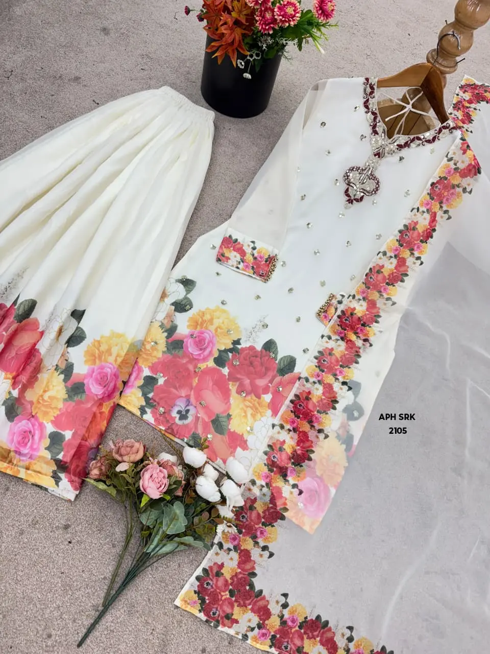 Floral Printed Regular Thread Work Kurta with Sharara & With Dupatta